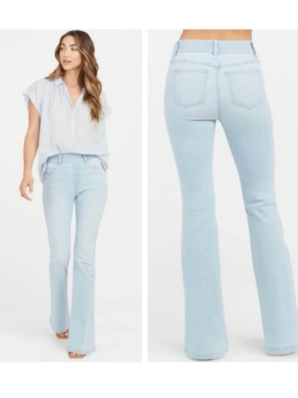 NWT Spanx Women's Size XS Light Wash Blue High Rise Flare Jeans Approximate Mea